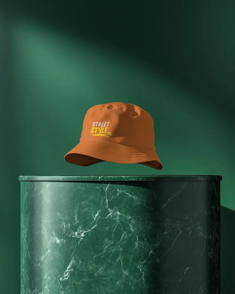 Floating Bucket Hat Mockup On Luxury Podium In Dramatic Lighting Setup For Brand Display