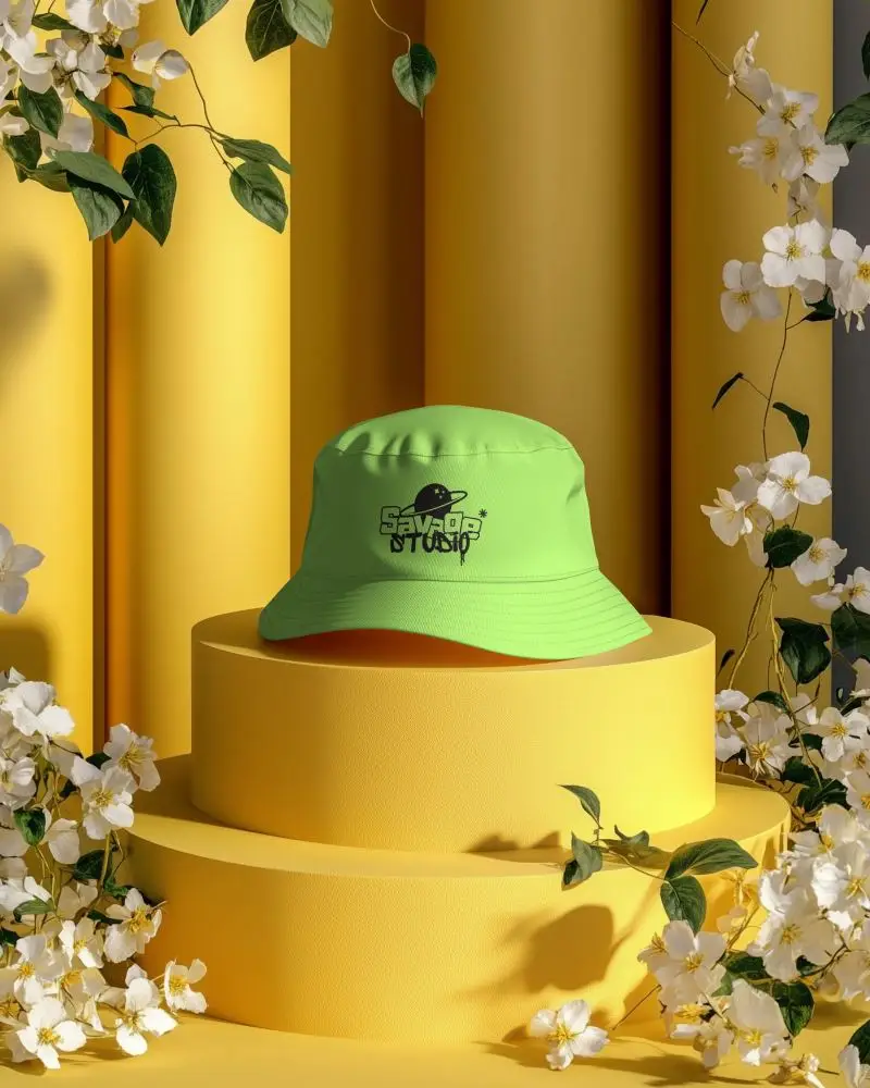 Bucket Hat Mockup In Flower Themed Setup Elevated On Circular Tiered Display