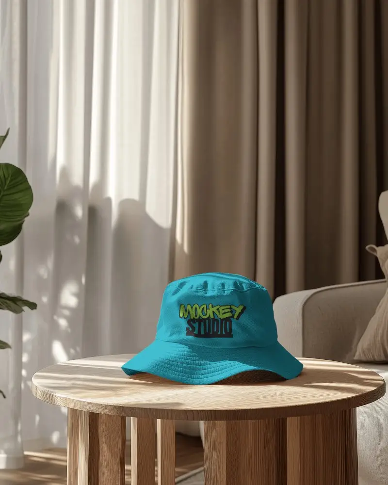 Sunlit Interior Bucket Hat Mockup Placed On Wooden Table In Modern Living Room