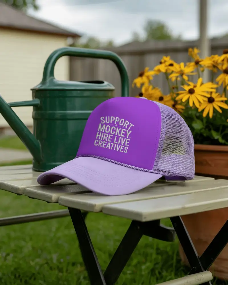 Garden Table Trucker Hat Mockup Lavender Cap Placed On Folding Chair Near Flowers And Watering Can