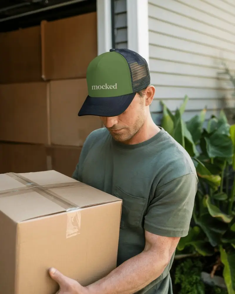 Delivery Scene Trucker Hat Mockup Man Holding Cardboard Box Wearing Black Mesh Cap Outside Home 084