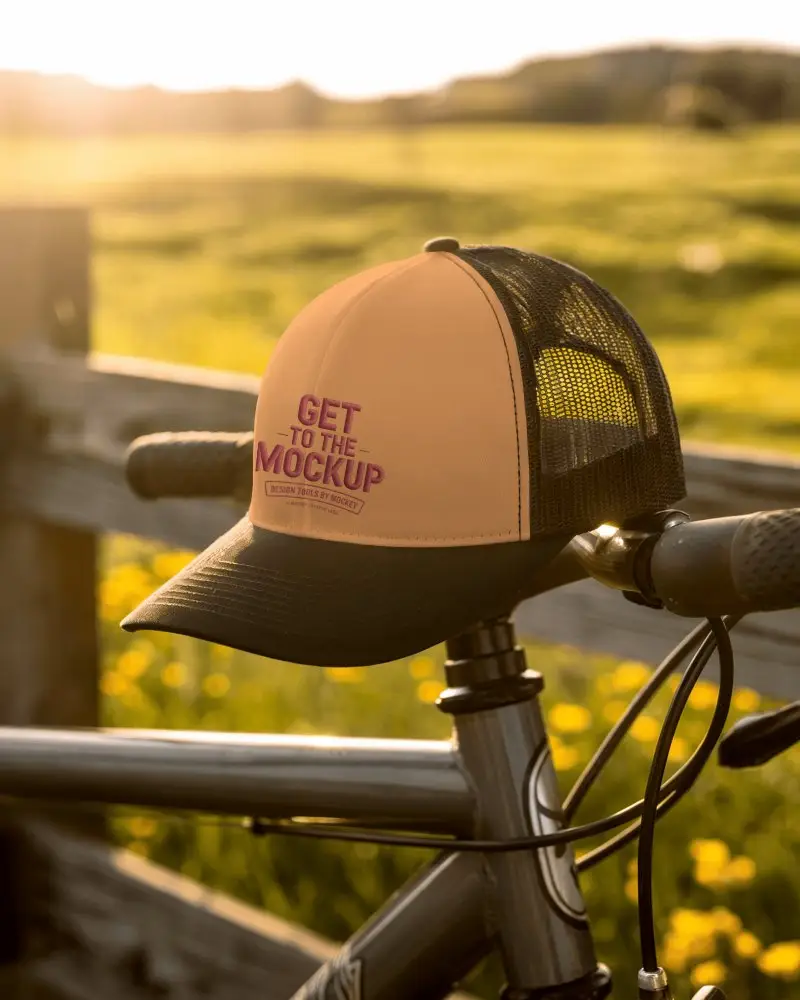 Sunset Biking Trucker Hat Mockup Black Cap On Bicycle Handlebars In Open Field With Golden Light
