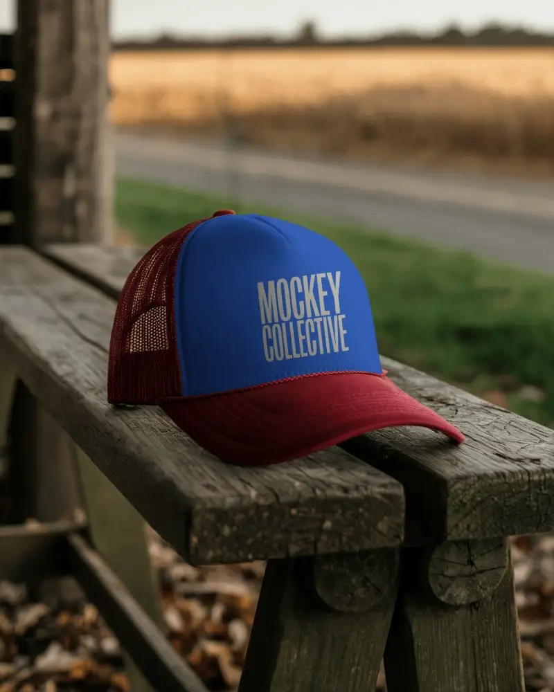 Country Road Trucker Hat Mockup Cap Placed On Weathered Bench With Field Background Rural Setting