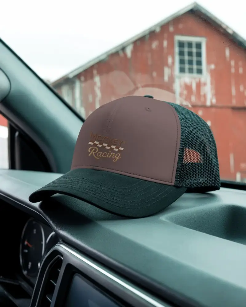 Pickup Dashboard Trucker Hat Mockup Mesh Cap Resting On Truck Dash With Barn Window View