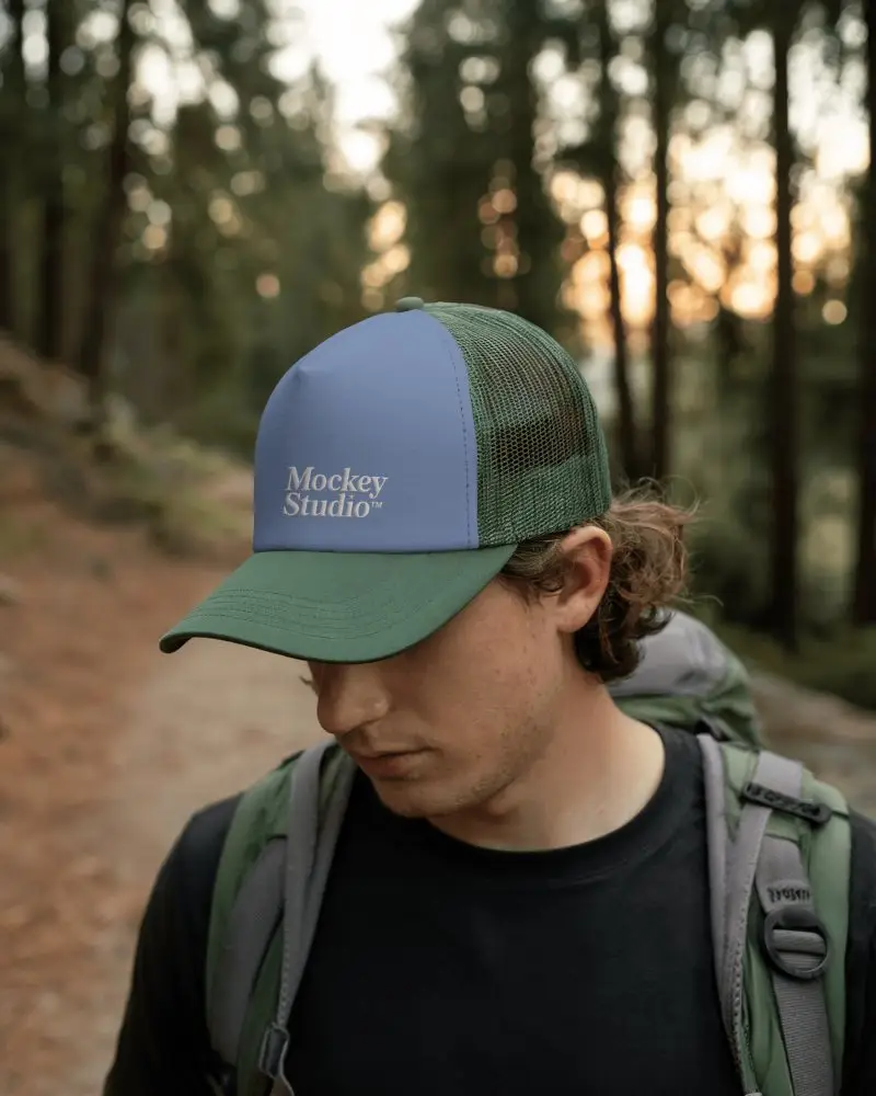 Trail Hiker Trucker Hat Mockup Young Man Wearing Cap In Forest Sunset Light On Dirt Pathway