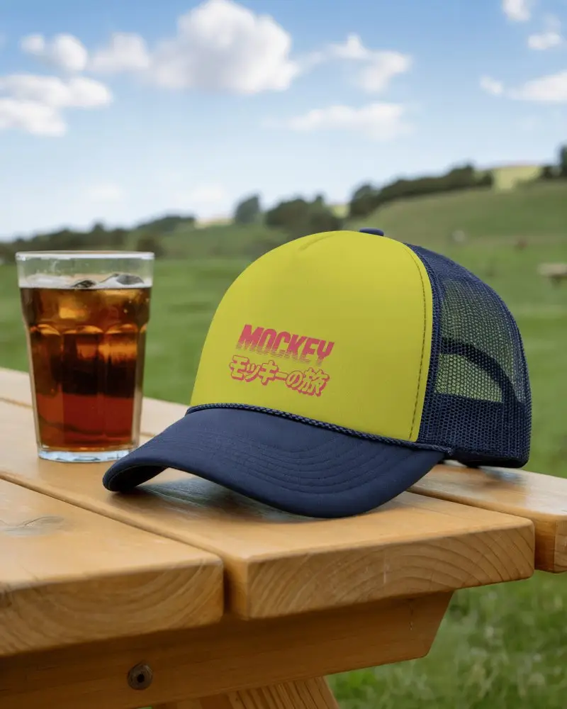 Picnic Table Trucker Hat Mockup Cap Placed Beside Cold Drink In Green Valley Summer Outdoor Scene