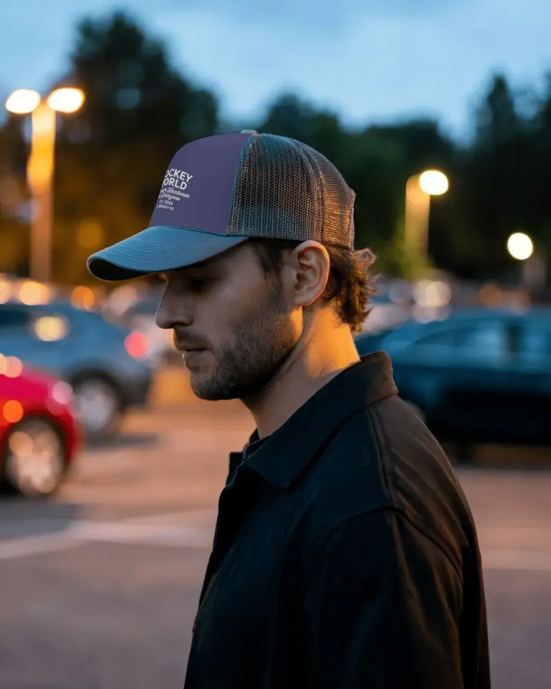Parking Lot Trucker Hat Mockup Man Wearing Cap Under Evening Lights In Urban Night Setting