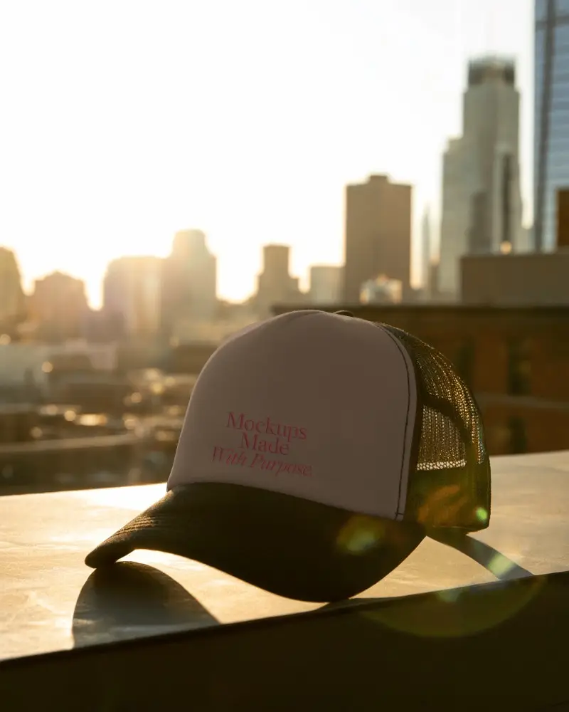 Rooftop Cityscape Trucker Hat Mockup Dark Mesh Cap On Ledge Against Glowing Sunset Over Buildings