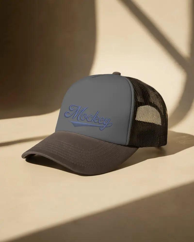 Studio Light Trucker Hat Mockup Cap In Minimal Interior Space With Natural Shadow Play On Surface