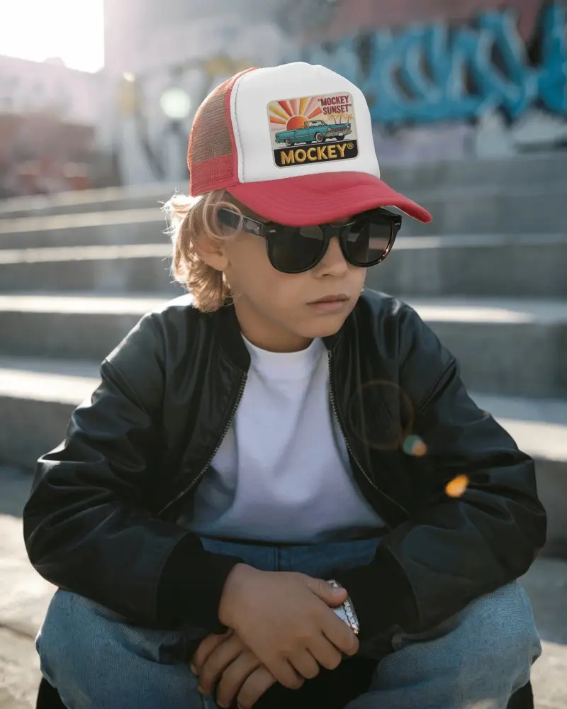 Urban Steps Trucker Hat Mockup Boy Wearing Cap Sitting On Stairs In Sunglasses And Jacket Daylight