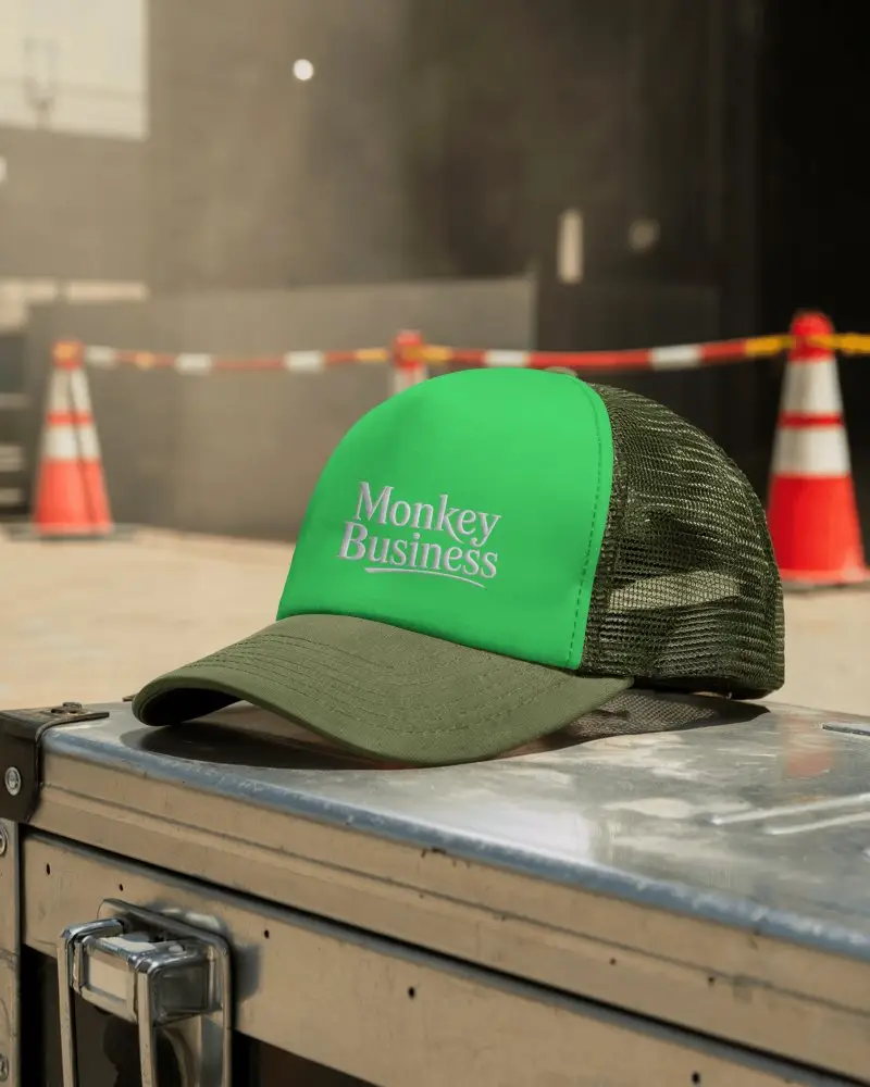 Construction Yard Trucker Hat Mockup Cap Resting On Metal Case In Sunny Industrial Background Scene