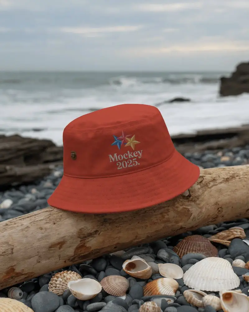 Stone Beach Bucket Hat Mockup Hat Resting On Driftwood With Shells And Ocean Waves In Background