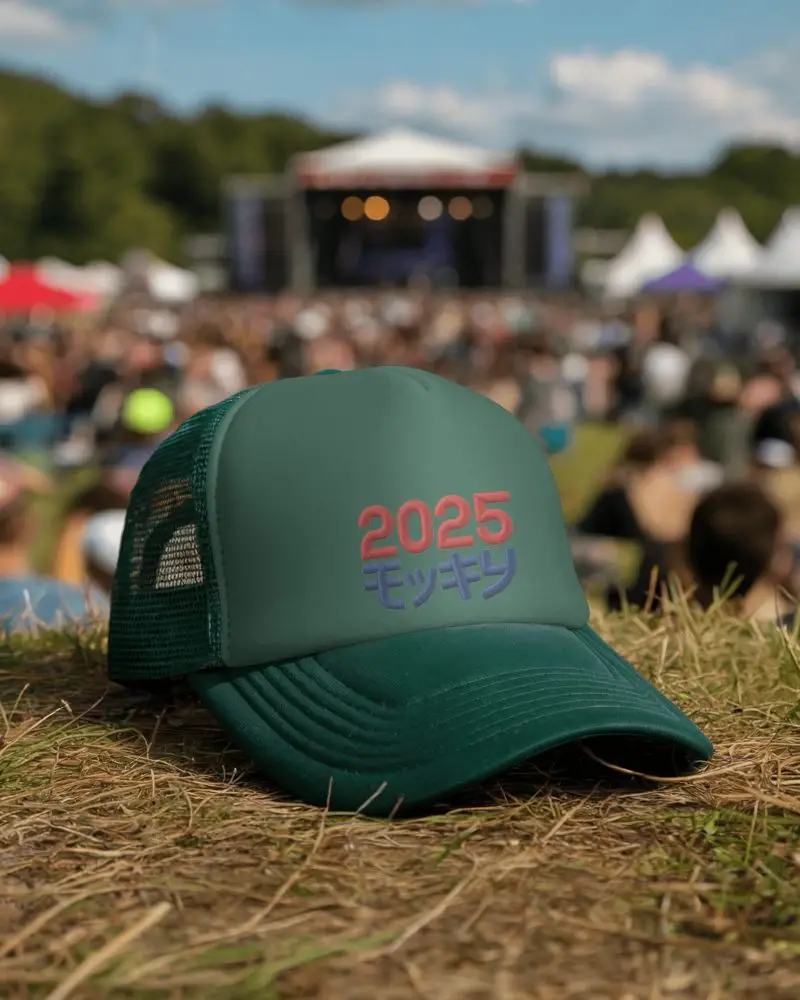 Trucker Hat Mockup Blank Hat On Dry Grass With Stage Crowd And Tents Under Daylight Sky