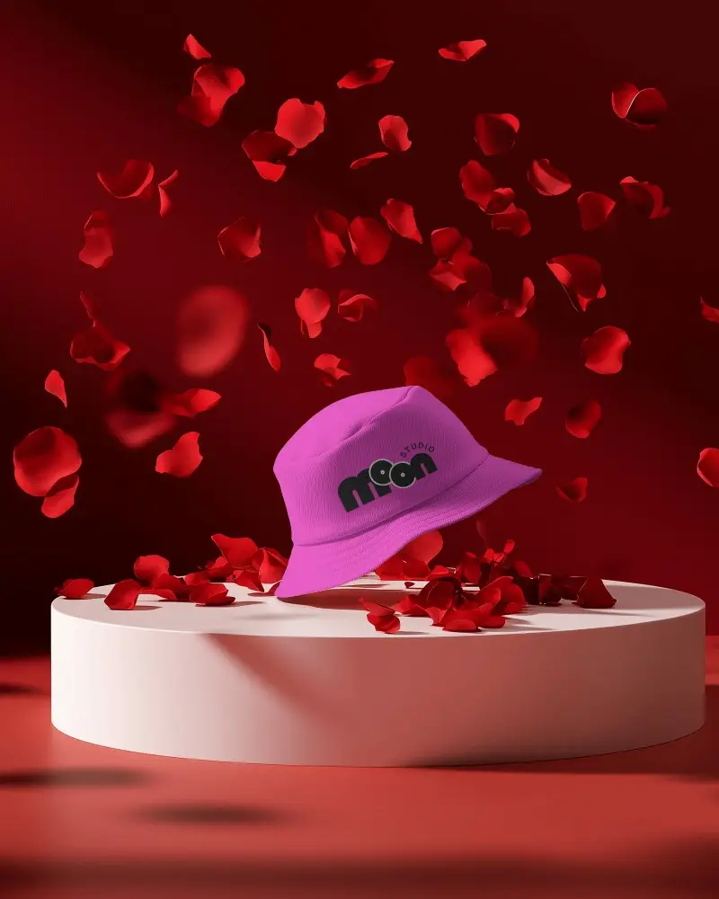 Floating White Bucket Hat Mockup Surrounded By Rose Petals On Soft Pink Podium In Dramatic Red Background