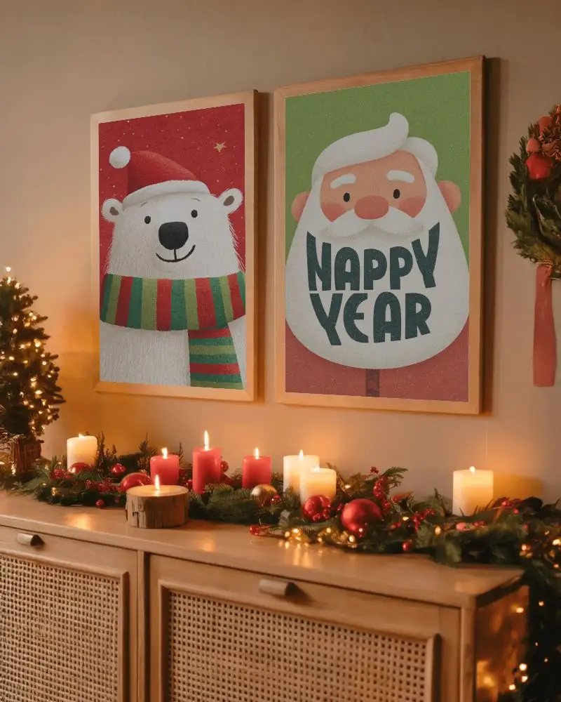 Cozy Christmas Poster Mockup With Candles Garland And Warm Festive Lighting