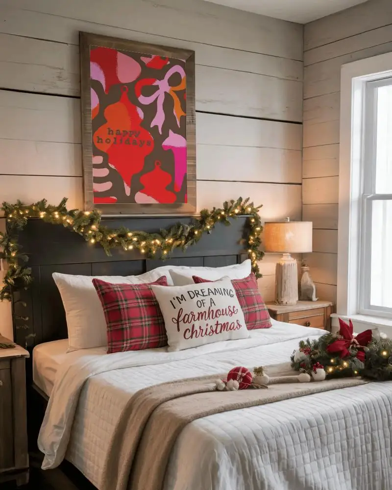 Rustic Bedroom Christmas Poster Mockup With Garland Pillows And Soft Natural Light