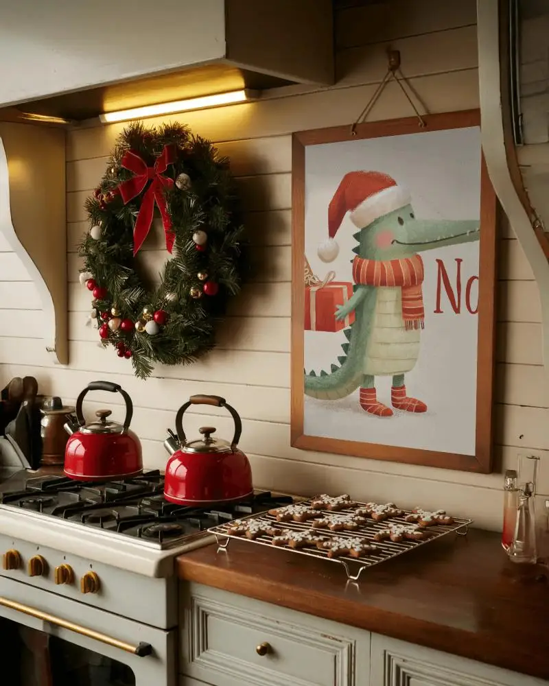 Cozy Kitchen Christmas Poster Mockup With Wreath Red Kettles And Holiday Cookies