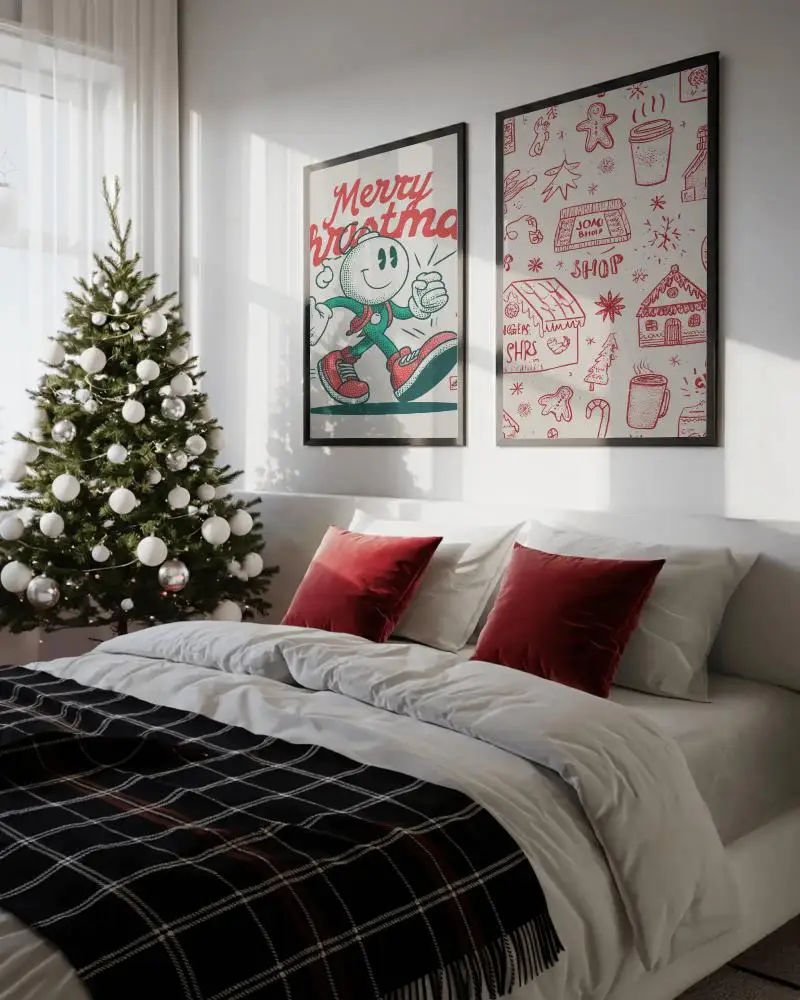 Minimalist Christmas Bedroom Poster Mockup With Tree And Red Pillows In Sunlight