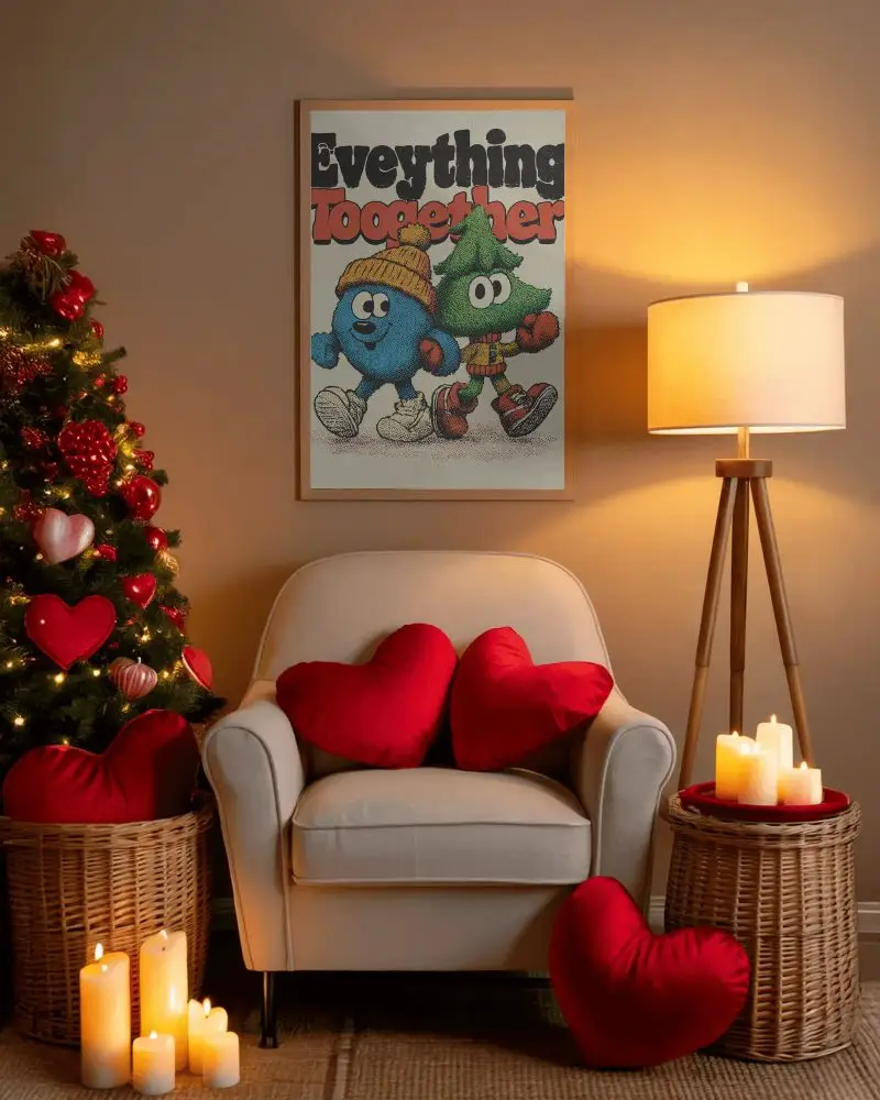 Cozy Christmas Living Room Poster Mockup With Red Hearts And Candlelight Glow