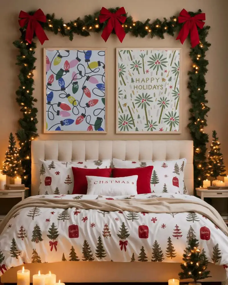 Cozy Holiday Bedroom Christmas Poster Mockup With Christmas Bedding And Soft Candle Glow