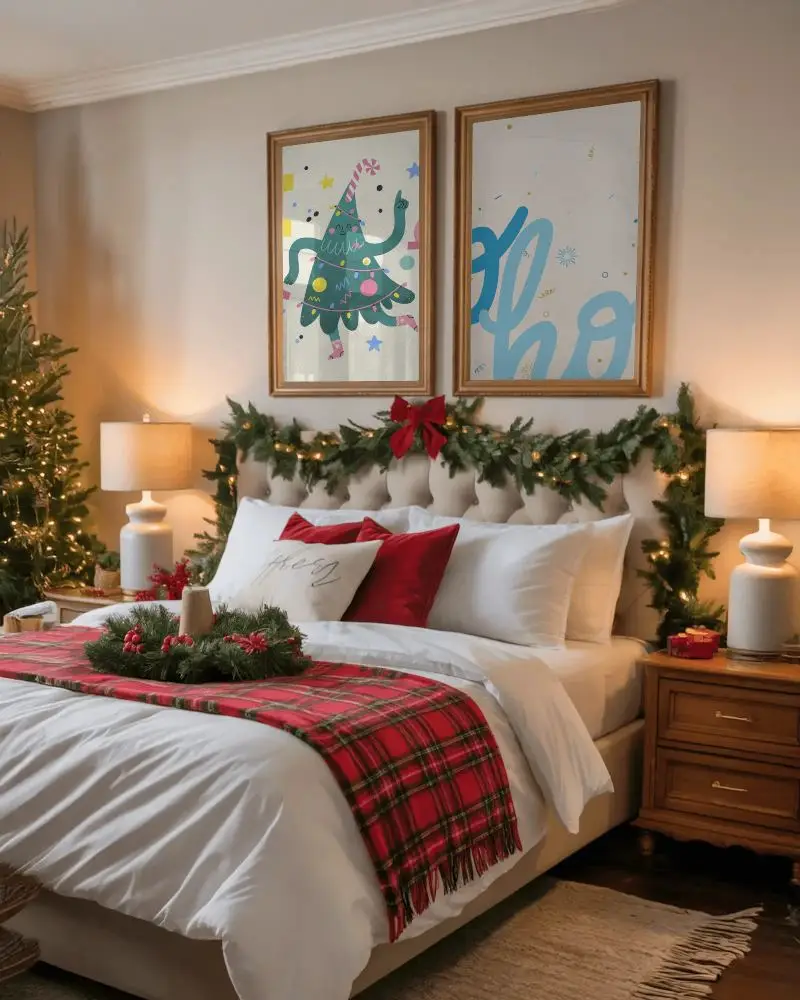 Elegant Christmas Bedroom Poster Mockup With Wreath And Red Blanket With Candles And Soft Glow
