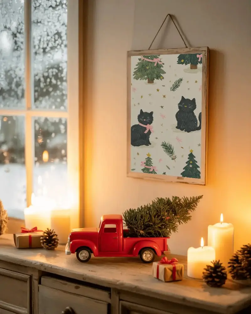 Cozy Christmas Poster Mockup With Red Truck Candles And Winter Window View Warm Candle Glow