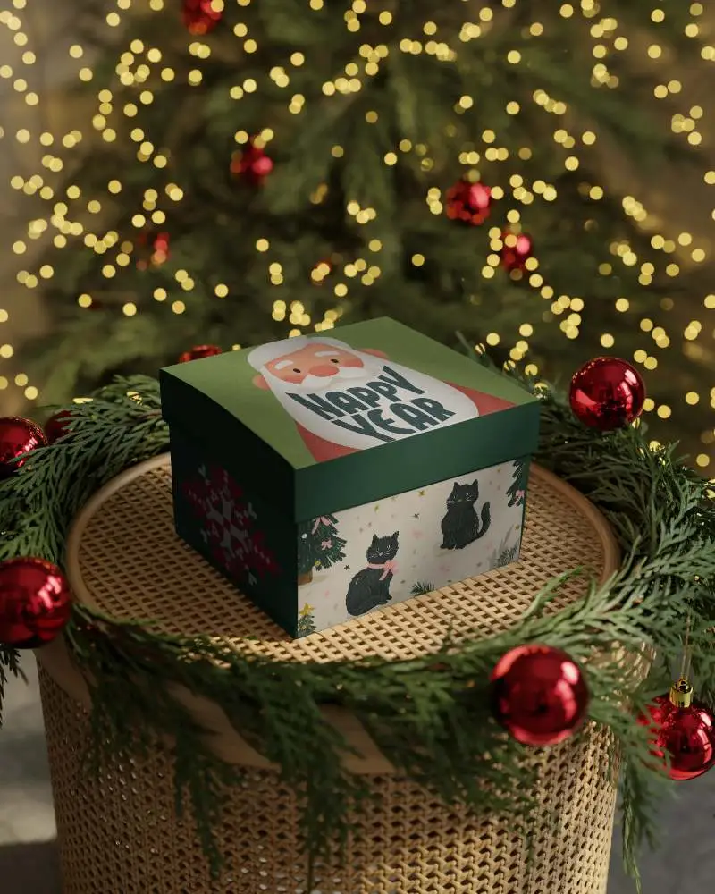 Premium Christmas Gift Box Mockup On Festive Holiday Decor Background For Branding