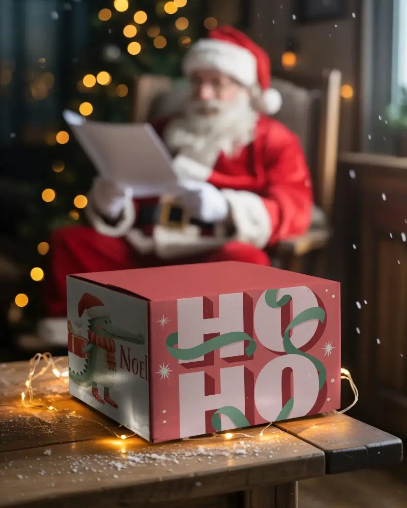 Festive Christmas Gift Box Mockup On Wooden Table With Santa Claus And Lights Background