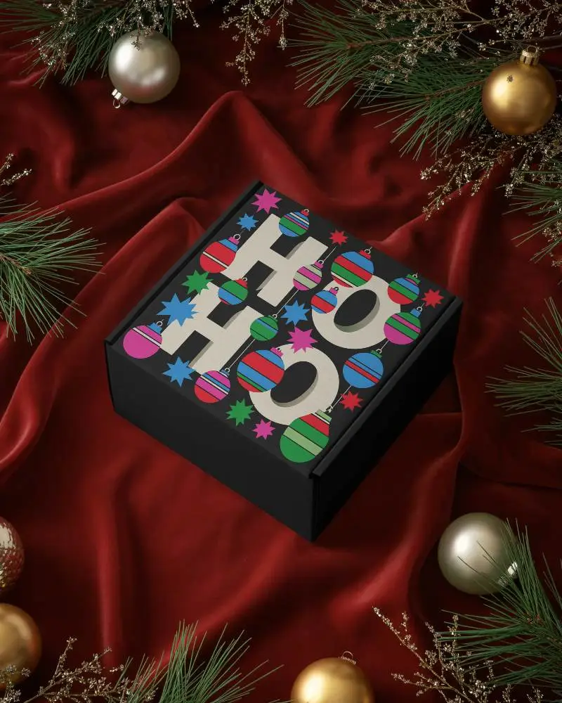 Luxury Christmas Gift Box Mockup With Pine Branches And Decorative Ornaments For Holiday