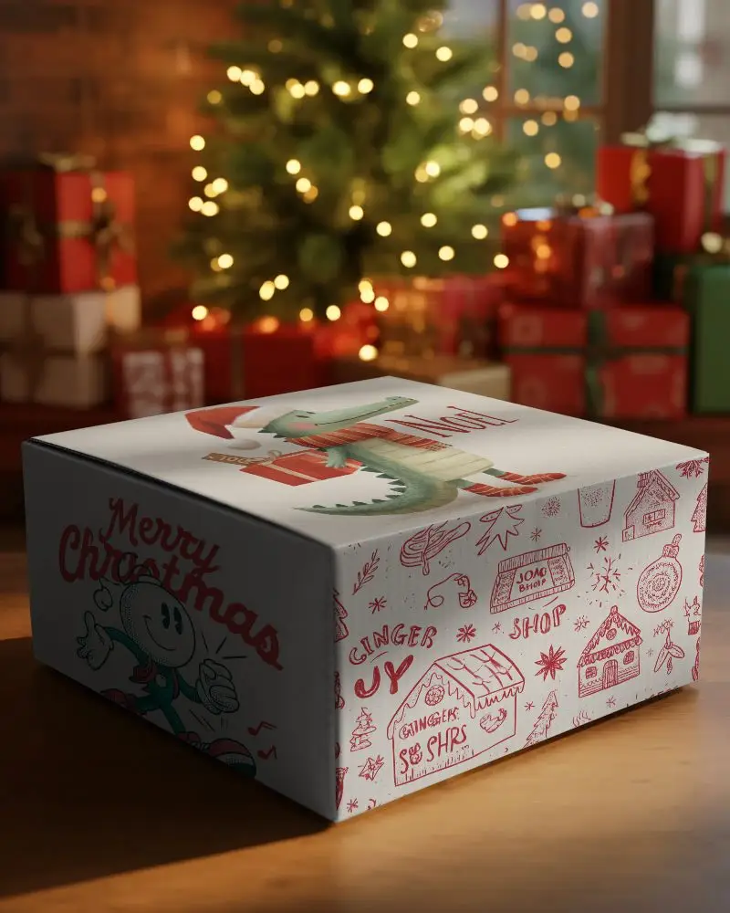 Holiday Gift Box Mockup On Wooden Table With Christmas Tree And Decorative Lights