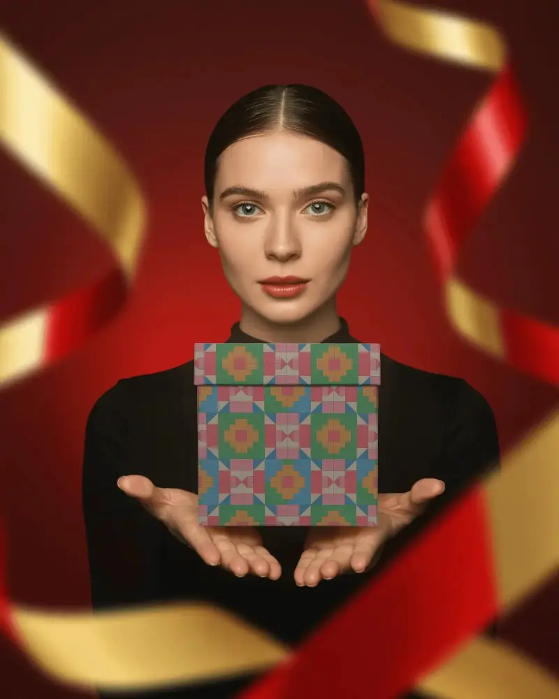 Refined Christmas Presentation Box Mockup Featuring Poised Centered Display And Ornate Ribbon Motion