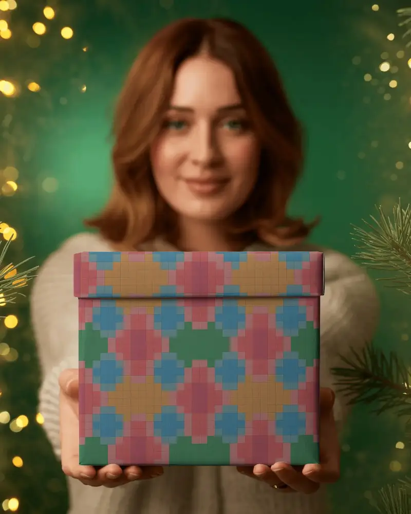 Cozy Christmas Gift Box Mockup With Soft Golden Lights And Warm Holiday Green Background