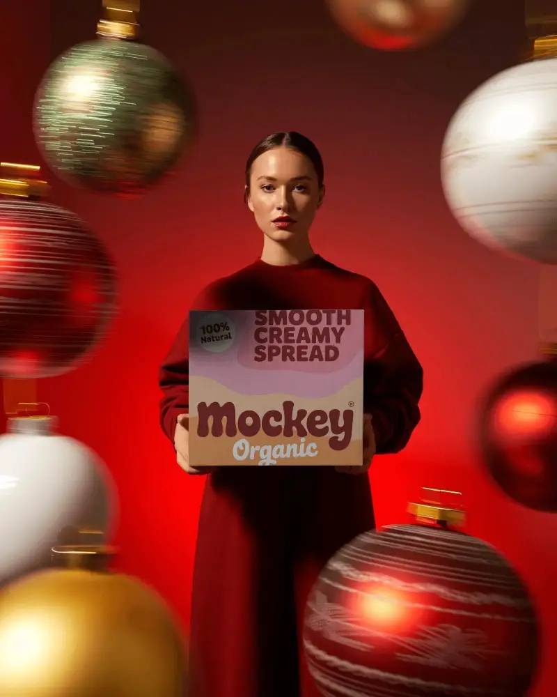 Grand Christmas Ornament Box Mockup With Floating Holiday Baubles And Bold Red Festive Backdrop