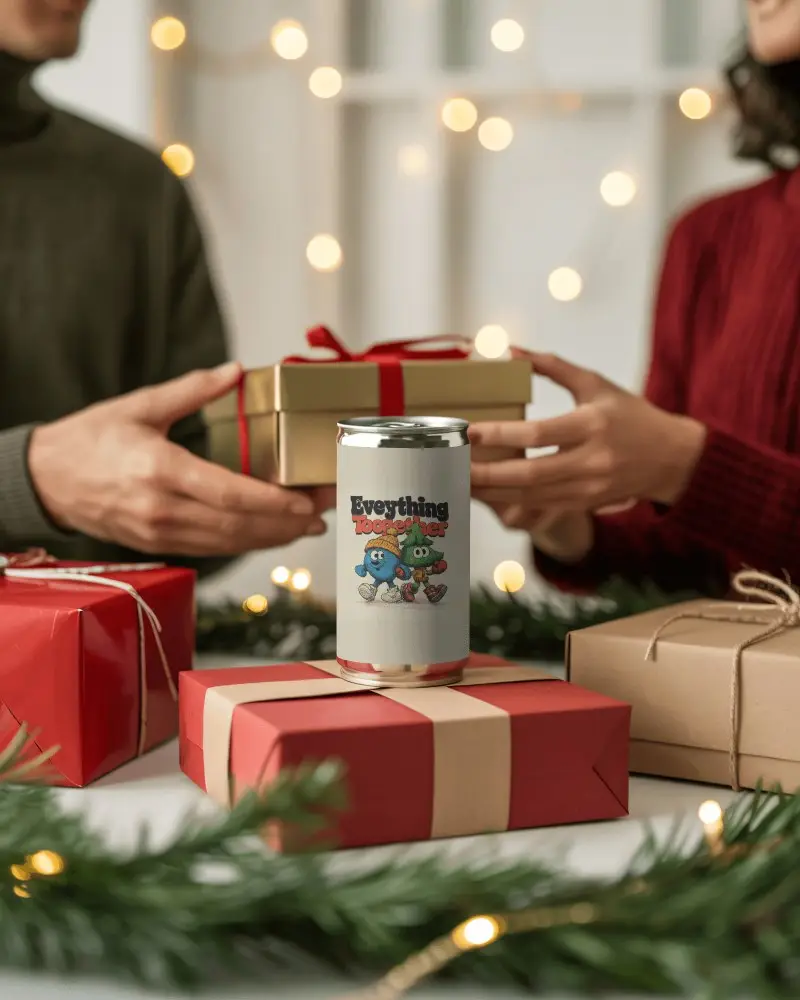 Christmas Gift Can Mockup Holiday Scene With Wrapped Presents And Festive Lights