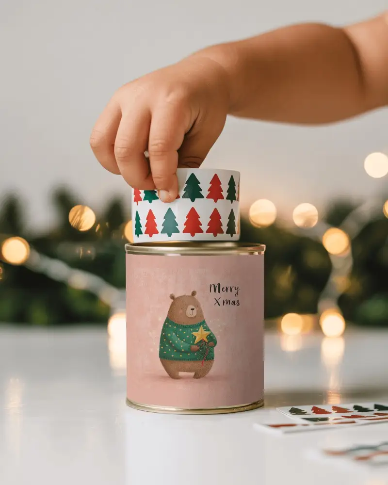 Christmas Craft Tin Can Mockup Child Hand Decorating With Tree Pattern Tape And Bokeh Lights