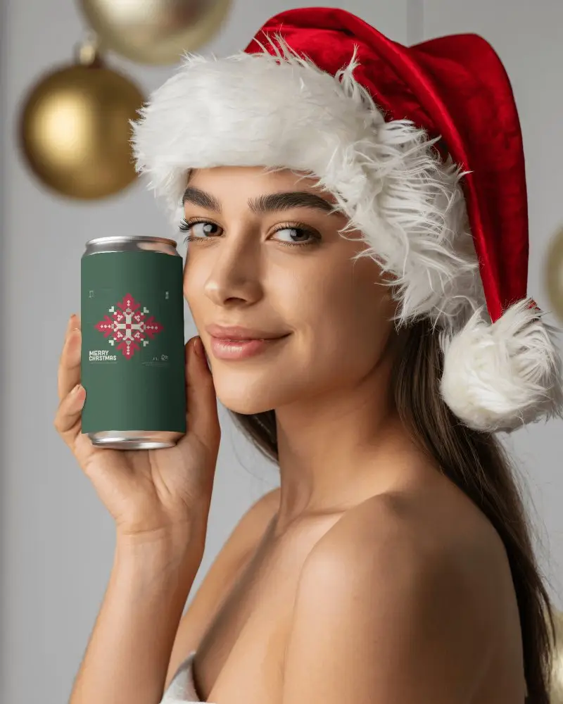 Christmas Can Mockup Female Model In Santa Hat Holding Festive Beverage Smiling
