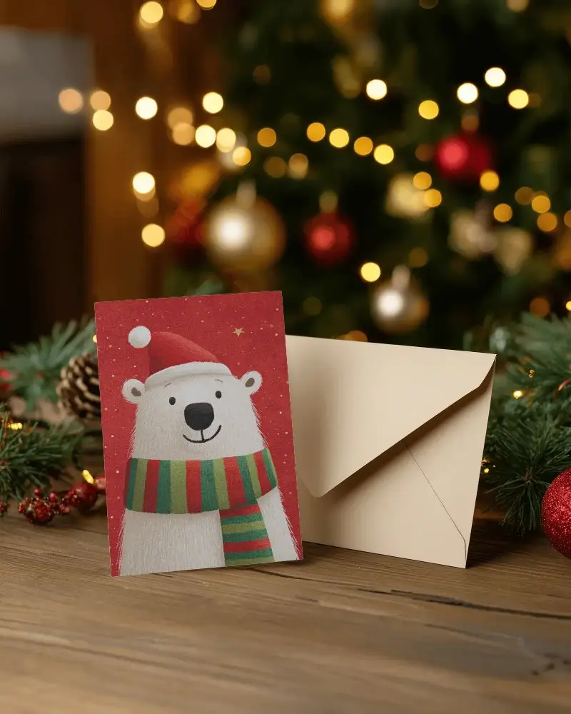 Christmas Greeting Card Mockup Holiday Scene With Envelope And Tree Lights