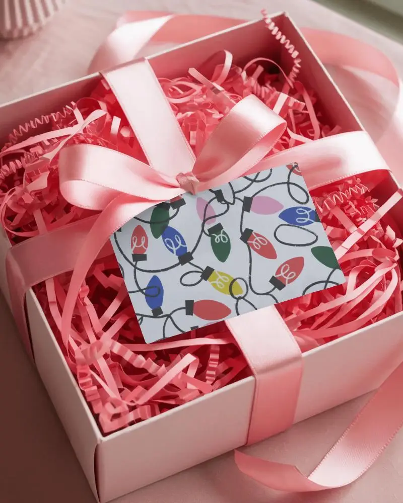 Christmas Gift Box Greeting Card Mockup Pink Ribbon Package With Card And Festive Holiday