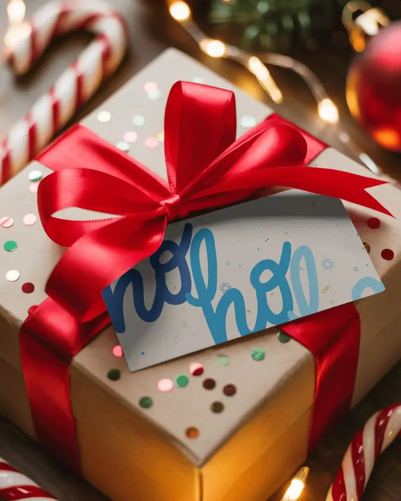 Christmas Gift Box Greeting Card Mockup Festive Present With Red Ribbon Bow And Holiday Lights