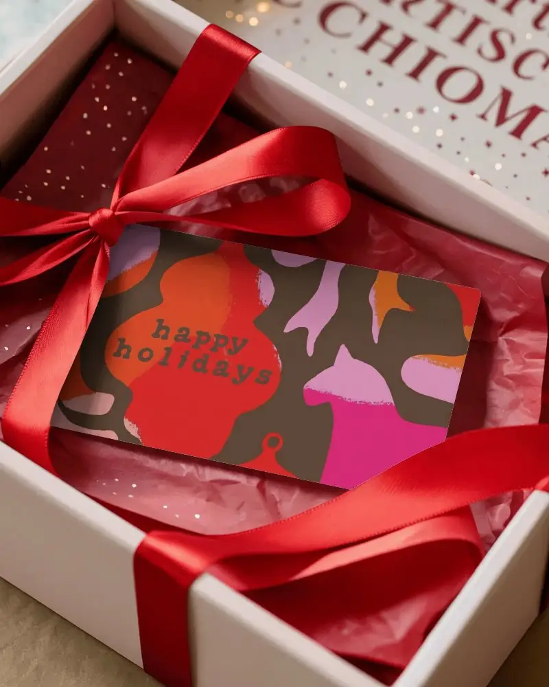 Christmas Gift Box Greeting Card Mockup Luxury Present With Red Ribbon And Card On Tissue Paper