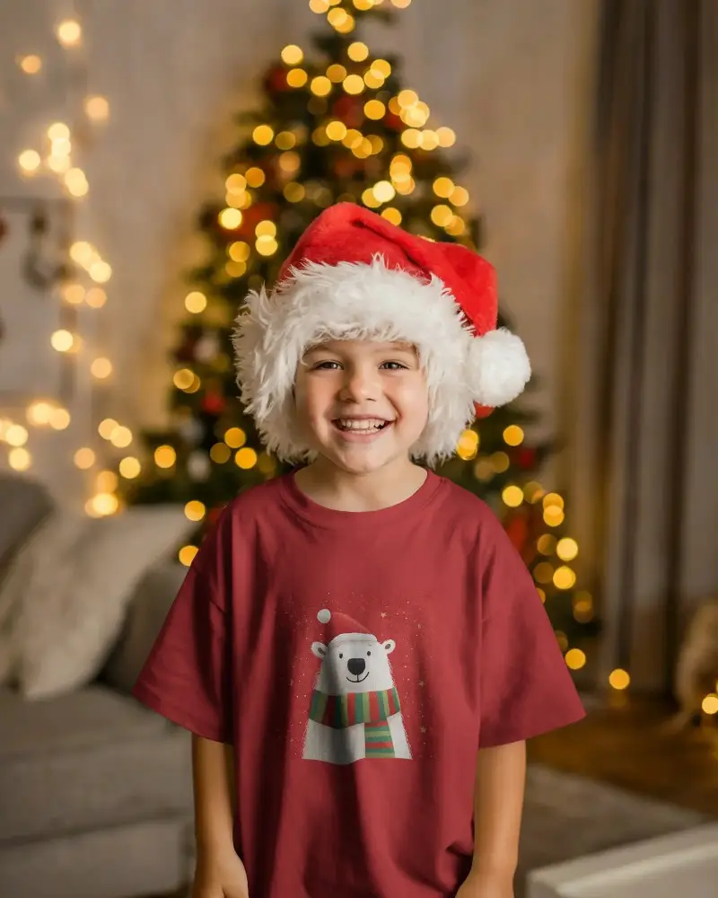 Happy Child In Santa Hat With Glowing Christmas Mockup Lights Background Holiday