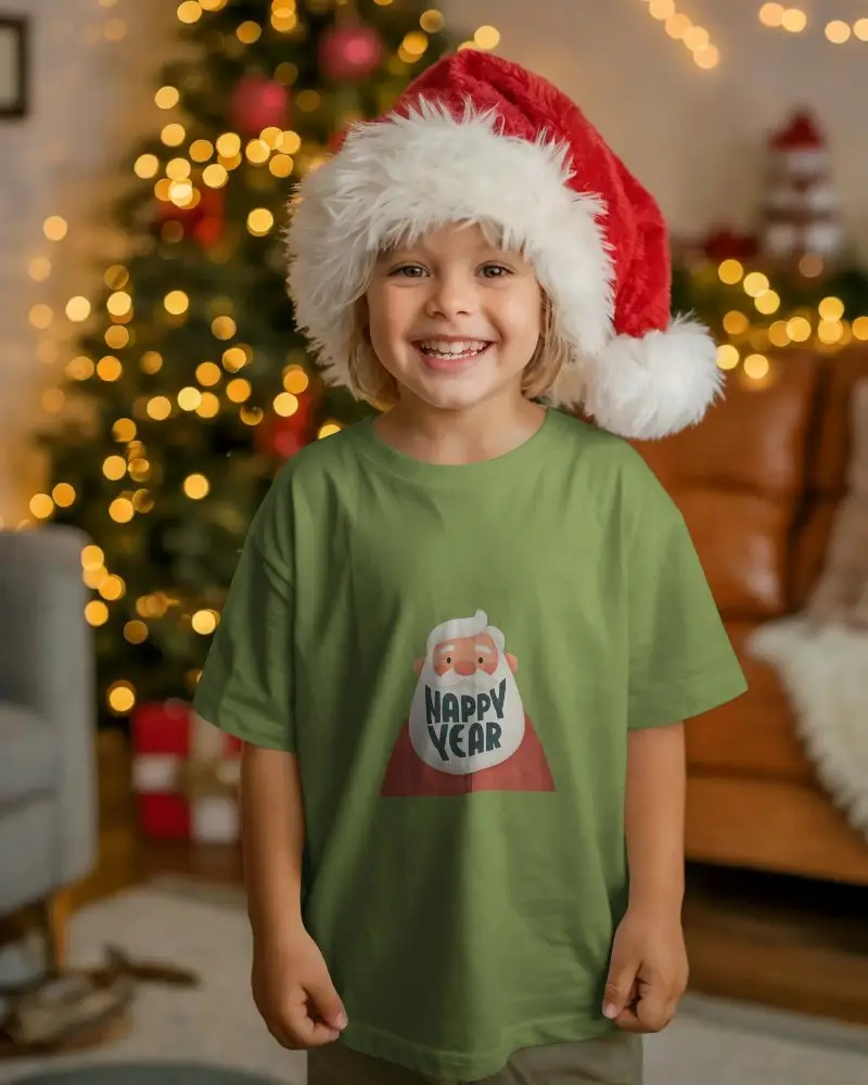 Happy Child Wearing Christmas Mockup Santa Hat With Christmas Tree And Gifts Background