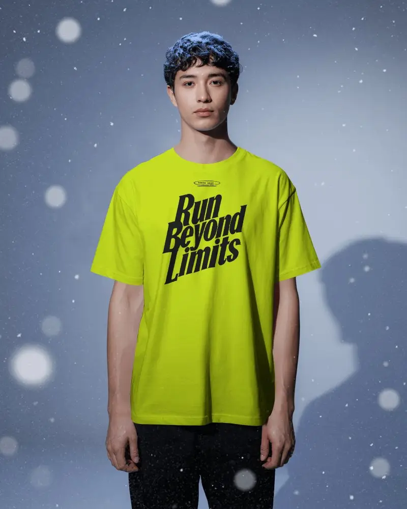 Christmas Tshirt Mockup Male Model Standing In Snowy Festive Background Soft Winter Lighting