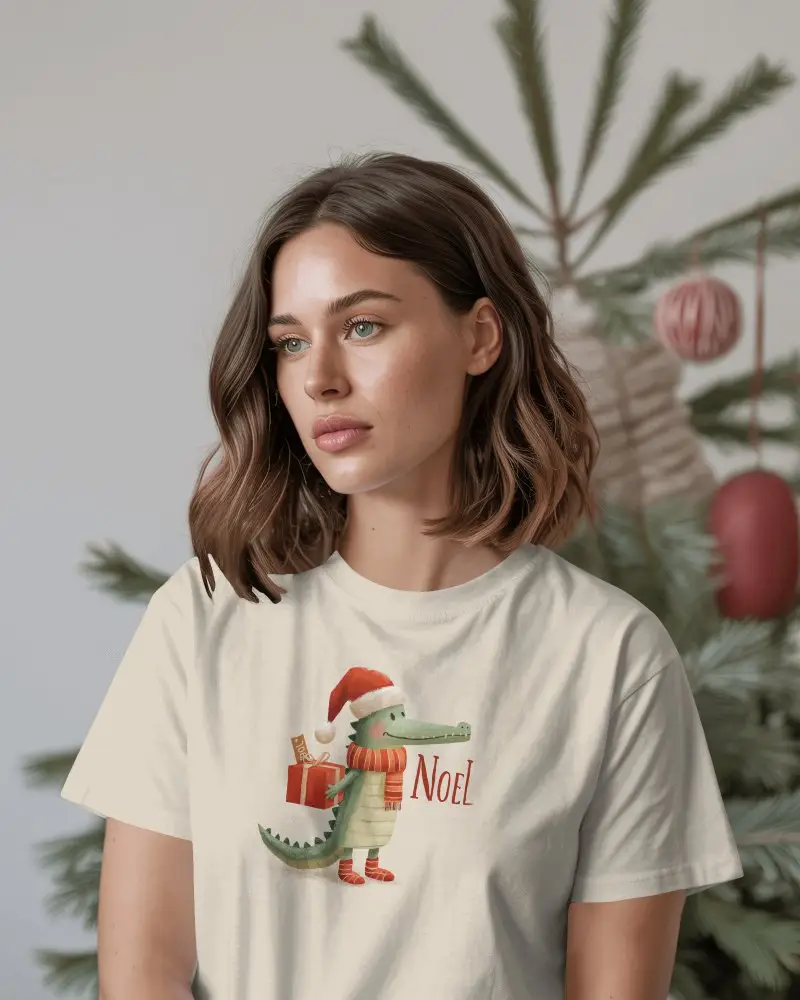 Christmas Tshirt Mockup Female Model In Cozy Tree Setting Soft Natural Holiday Light