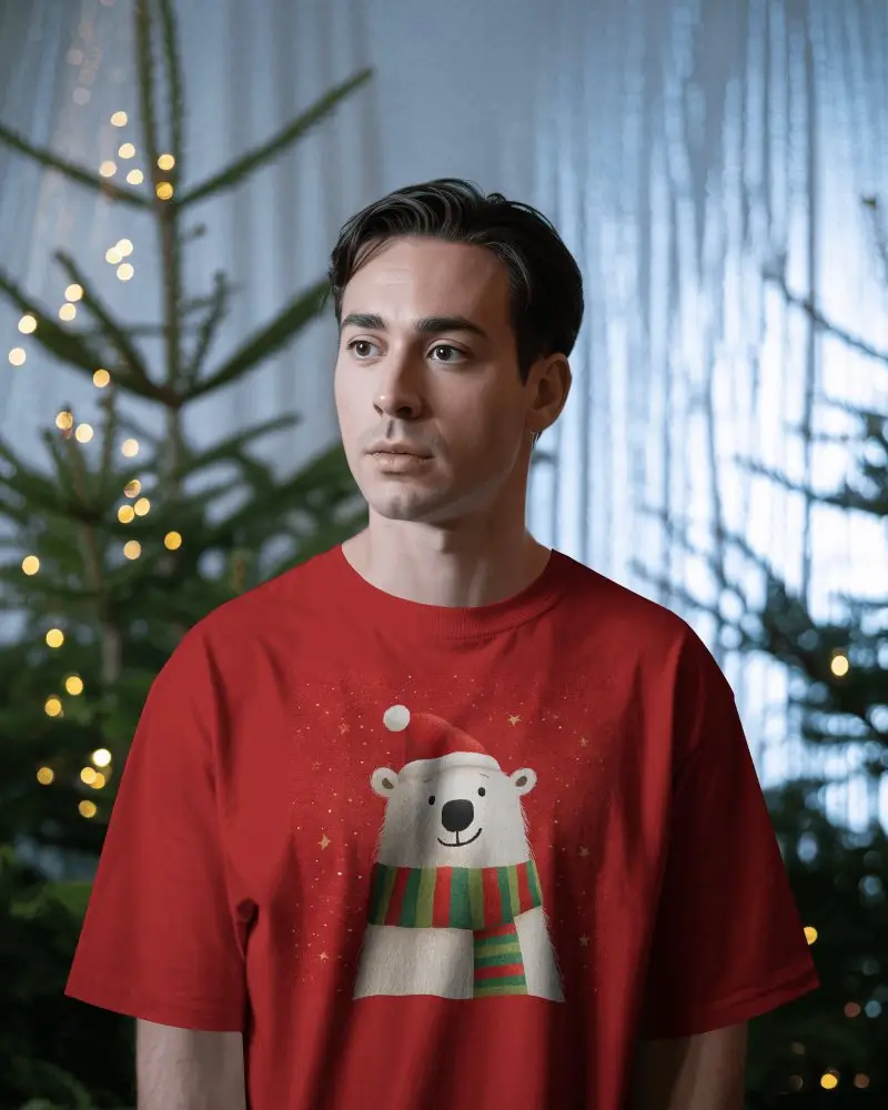 Christmas Tshirt Mockup Male Model In Among Lit Trees Warm Winter Ambience Calm Scene