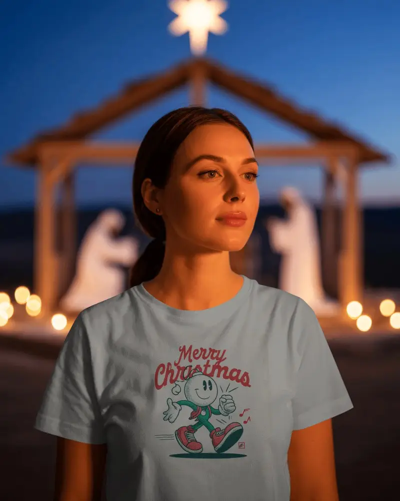 Christmas Tshirt Mockup Female Model By Nativity Scene In Warm Evening Holiday Glow