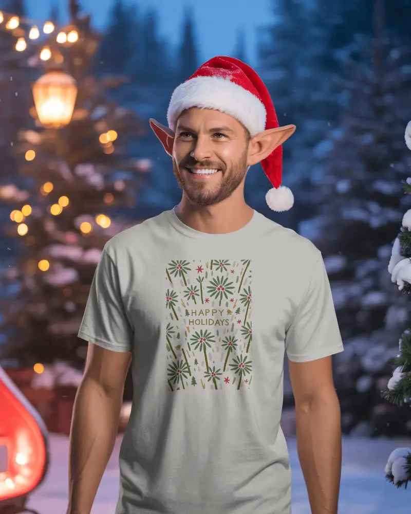 Christmas Tshirt Mockup Male Elf In Santa Hat Smiling In Snowy Festive Winter Setting