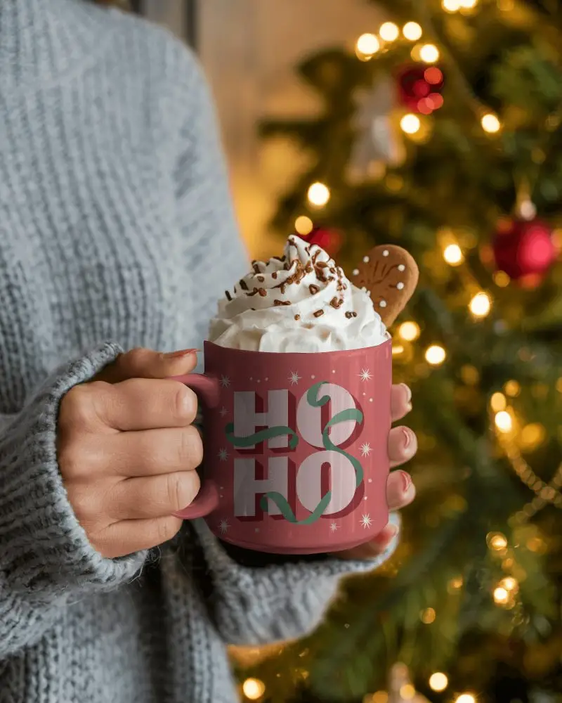 Christmas Mug Mockup With Whipped Cream And Cookie In Cozy Holiday Tree Light Background