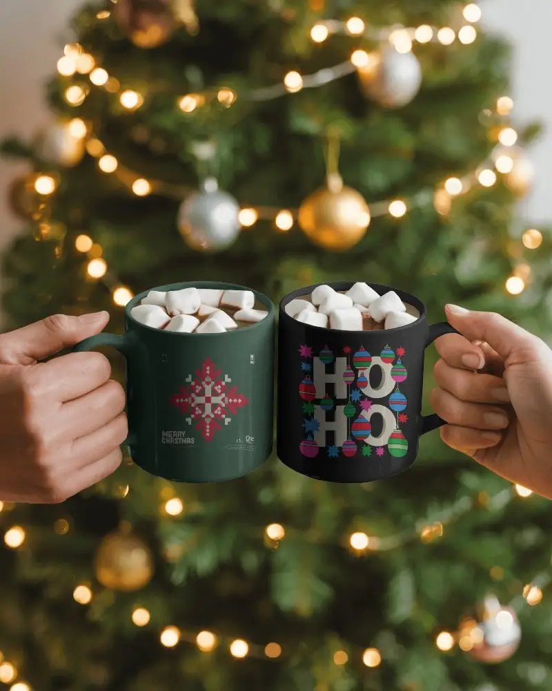 Christmas Mug Mockup Two Hot Chocolates With Marshmallows In Front Of Festive Tree Lights