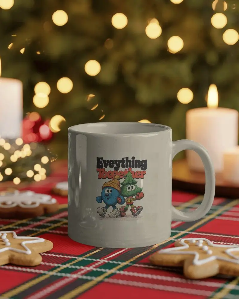 Christmas Mug Mockup On Tartan Tablecloth With Gingerbread Cookies And Candlelight Bokeh